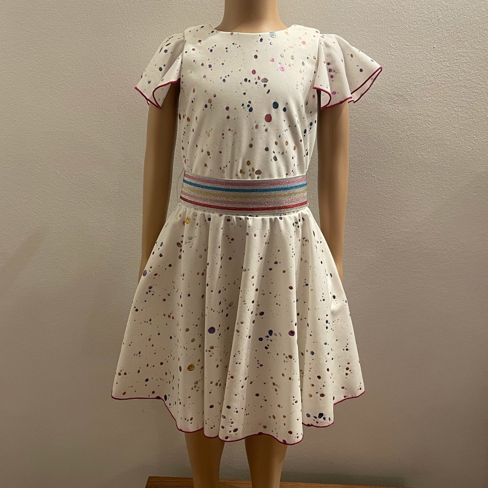Zoe Ltd Girls Flared Rainbow Foil Dots Belted Dress In White Size 7 NWT.